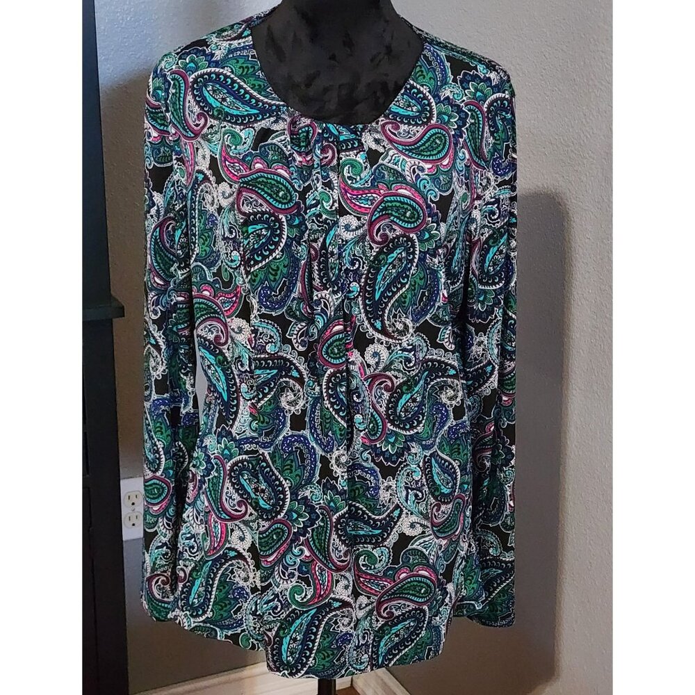 Liz Claiborne Career Womens XL Blouse Paisley Print Long Sleeve Stretch Top